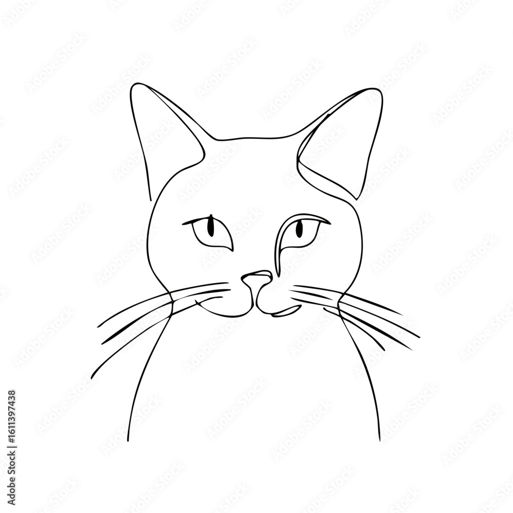 Poster minimalist continuous line drawing of a cat face with alert ears and whiskers