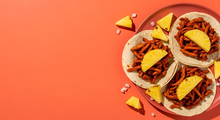 Spicy Chili Pepper Tacos with Hot Sauce on Orange Background