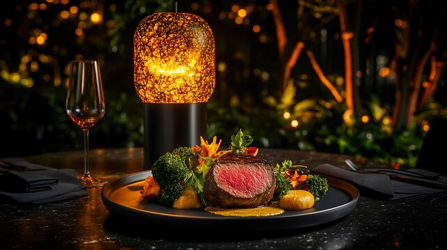 Seared steak dinner, vibrant plating.  Gourmet dish,  delicious meal,  rustic elegance