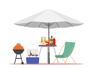 enjoying summer vibes family backyard barbecue under bright umbrella picnic table filled delicious treats cold drinks