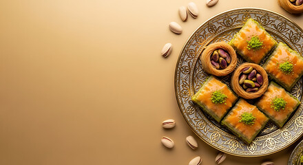 Middle Eastern Baklava Pastries with Nuts and Honey on Decorative Plate