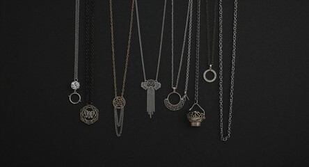 Gothic fashion accessory bundle with chokers rings and chains on plain black background