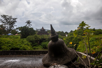 Old abandoned hotel in the jungle. Shabby walls. Beautiful abandoned hotel.
