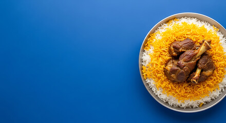 Traditional Biryani Rice with Meat and Saffron in White Bowl on Blue Background