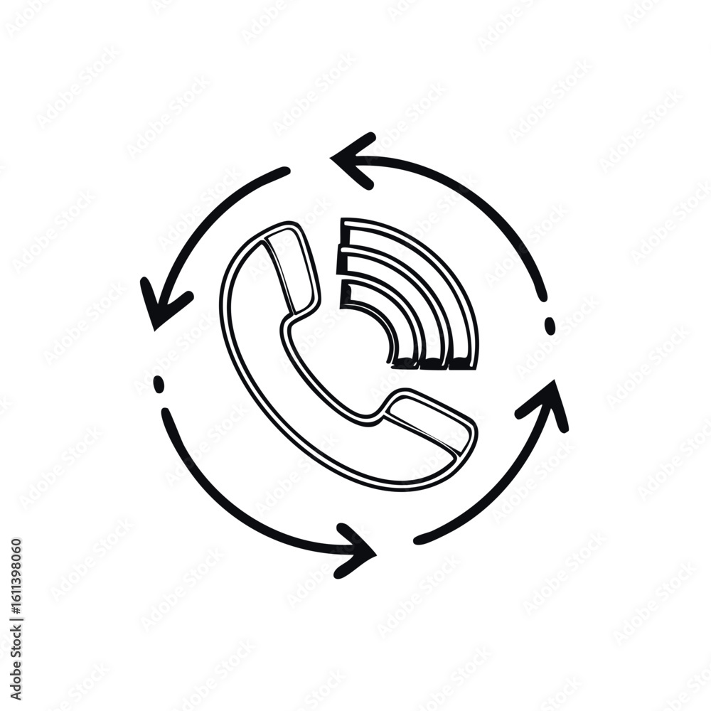 Poster telephone communication symbol with radiating signal waves and circular arrows representing network 