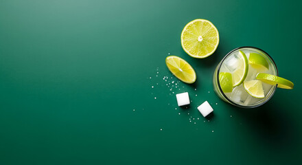 Fresh Lemon Water with Ice Cubes and Mint on Green Background