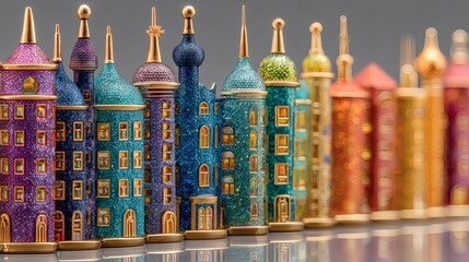 Colorful Miniature Fairy Tale Castle Collection with Glittering Details for Decorative Display