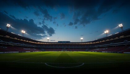 Football stadium glowing at night surrounded by city lights and busy roads