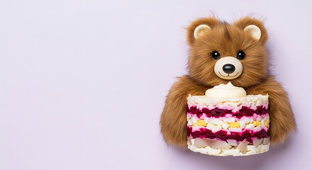 Cute Brown Teddy Bear with Layered Berry Cake on Purple Background