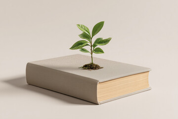 Minimalist closed book with a green plant sprouting directly from the cover symbol of knowledge forcing growth or hidden potential clean natural contrast