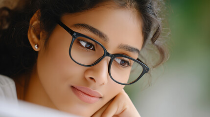 A thoughtful woman wearing glasses, focused and introspective. She is wearing a pair of glasses and appears to be in deep thought