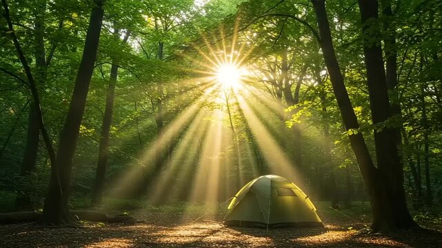 Sunlight streams through a forest canopy, illuminating a campsite tent.