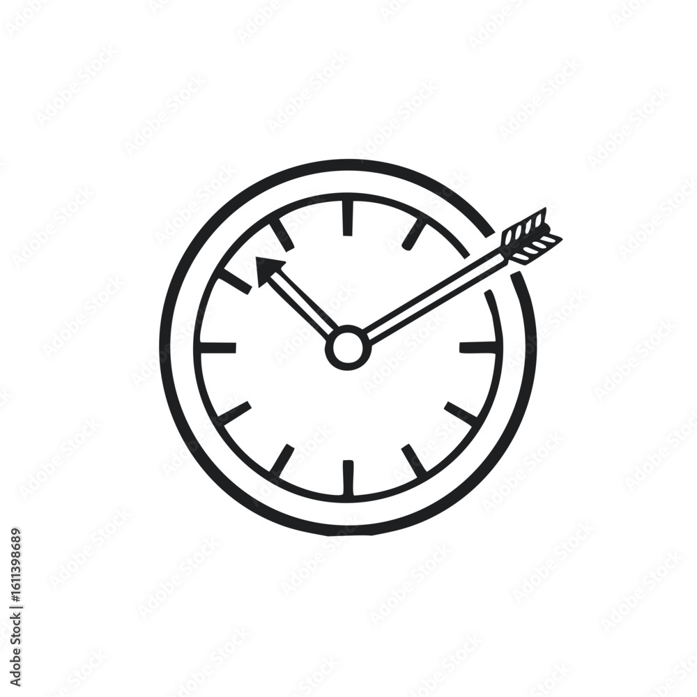 Poster time management concept with arrow striking a clock target demonstrating precision and goal achievem