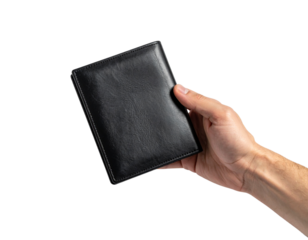 Close-up of hand gripping sleek black wallet, isolated on white background PNG
