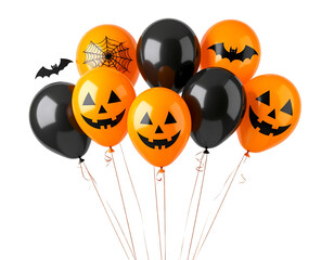 Cluster of orange and black Halloween balloons with spooky patterns, isolated on white background PNG