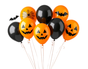Cluster of orange and black Halloween balloons with spooky patterns, isolated on white background PNG
