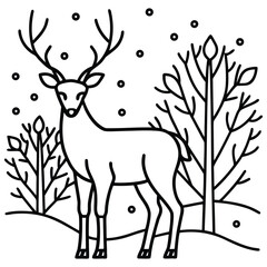 Elegant Line Art Deer in Snowy Winter Bush Landscape