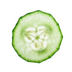 A fresh slice of cucumber showcasing its green rind and white interior with seeds.