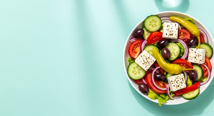 Fresh Greek Salad with Feta Cheese on Pastel Blue Background