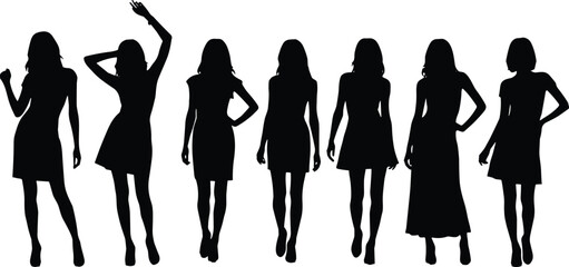 Fashionable young women silhouettes in various poses and dresses, elegant female figures walking and posing, vector illustration with reflections