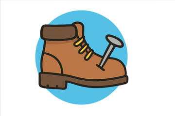 Vector concept of hard footgear and protective uniform boot for safety at work against hammering or falling loads in a shoemaker workshop for footwear fix and repair with foot protection and hammer