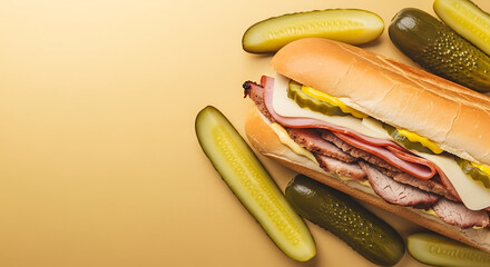 Submarine Sandwich with Deli Meats Cheese and Pickles on Gold Background