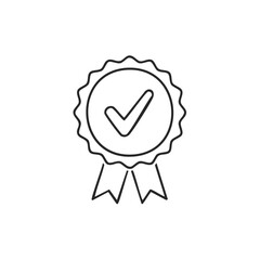 Award Ribbon Icon with Check Mark, Symbol of Achievement, Accreditation and Validation, Thin Line Style Design on White