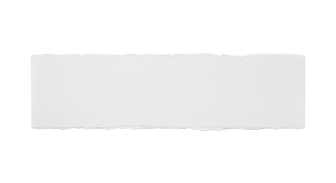 Pristine horizontal strip of white paper with irregular torn edges, isolated on a transparent background with a subtle drop shadow, expansive blank surface for copy space. Concept of minimalist design