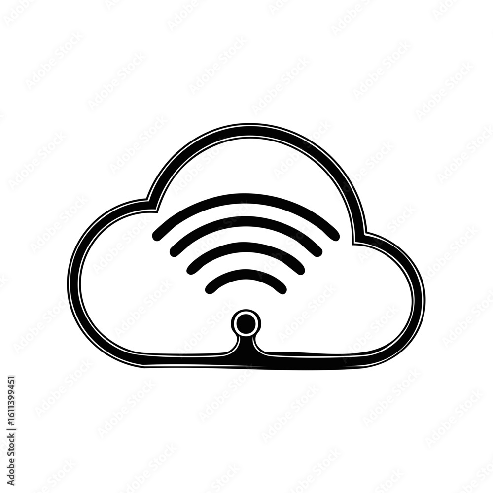 Poster cloud computing with wifi connection sign for data transmission and storage online, outline illustra
