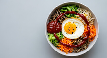 Vibrant Bibimbap Bowl with Fried Egg Vegetables and Gochujang Sauce