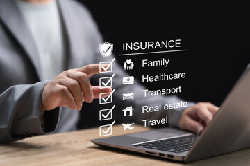 Insurance and assurance online agenda concept, Businessman checklist on Insurance online, Life, Family, Health, Home, Travel, Real estate, Car and finance, Package for risk management