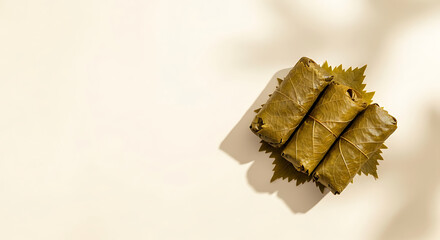 Rolled Grape Leaves (Dolma) on Minimalist Cream Background