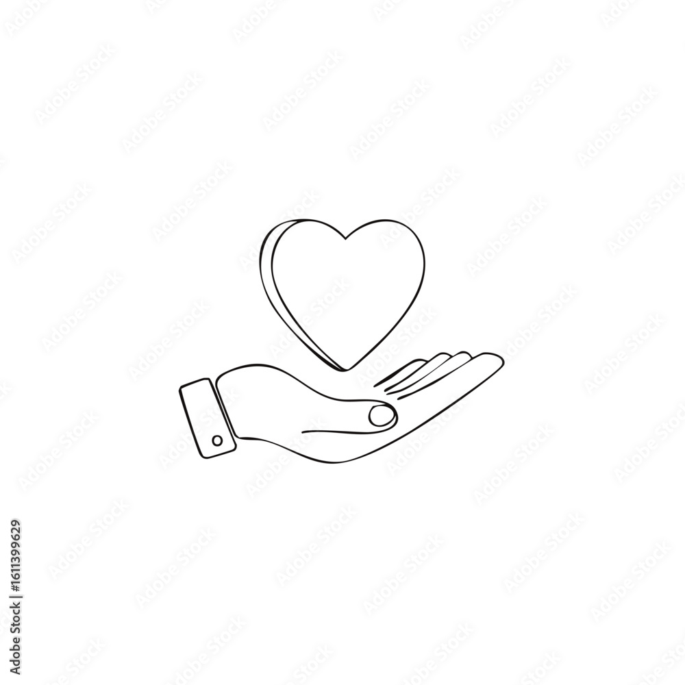 Poster hand holding heart symbol with contour lines and simple artistic style