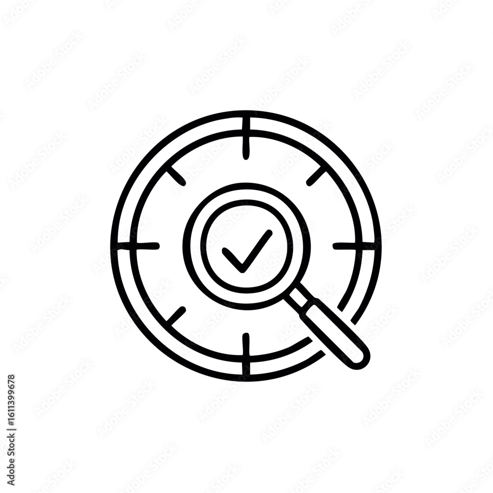 Poster magnifying glass over target with check mark inside - investigation and accurate research