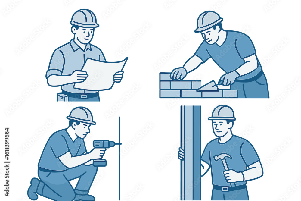 Poster flat vector illustration of construction workers and architects in a web design concept, featuring p
