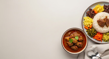 Hearty Stew Bowl and Colorful Plated Rice Dish on White Background