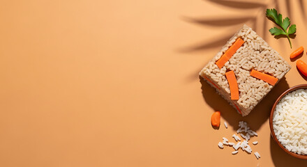 Square Cake with Orange Glaze and Beverage on Peach Background