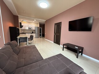 Stylish open-plan living room and kitchen with modern furniture