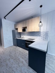 Modern Scandinavian-style kitchen with wood accents and bar counter