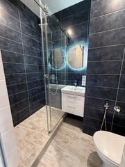 Stylish modern bathroom with walk-in shower and LED mirror