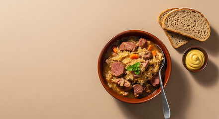 Hearty Stew with Bread Slices and Mustard on Light Background