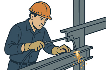 Metalworker and two handymen are performing welding in the manufacturing industry as a technician worker at a factory workplace in an isometric isolated vector illustration concept