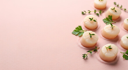 Minimalist Dessert Arrangement with Elegant Garnishes on Light Pink Background
