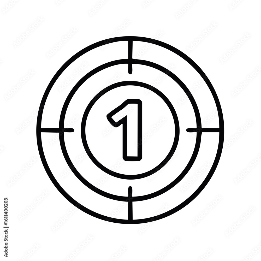 Poster bold number one inside concentric circles target countdown icon outline