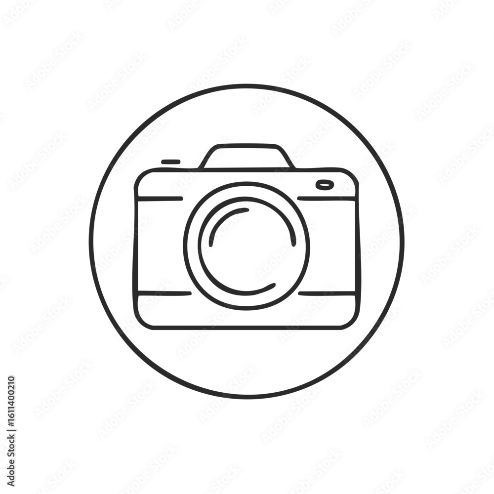 Poster monochrome sketch of a camera enclosed in a circular frame on white background
