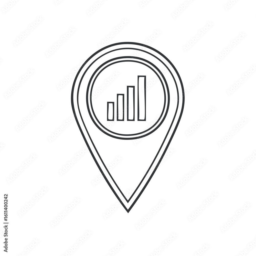 Poster location icon with wireless signal bars showing network connectivity, outline design