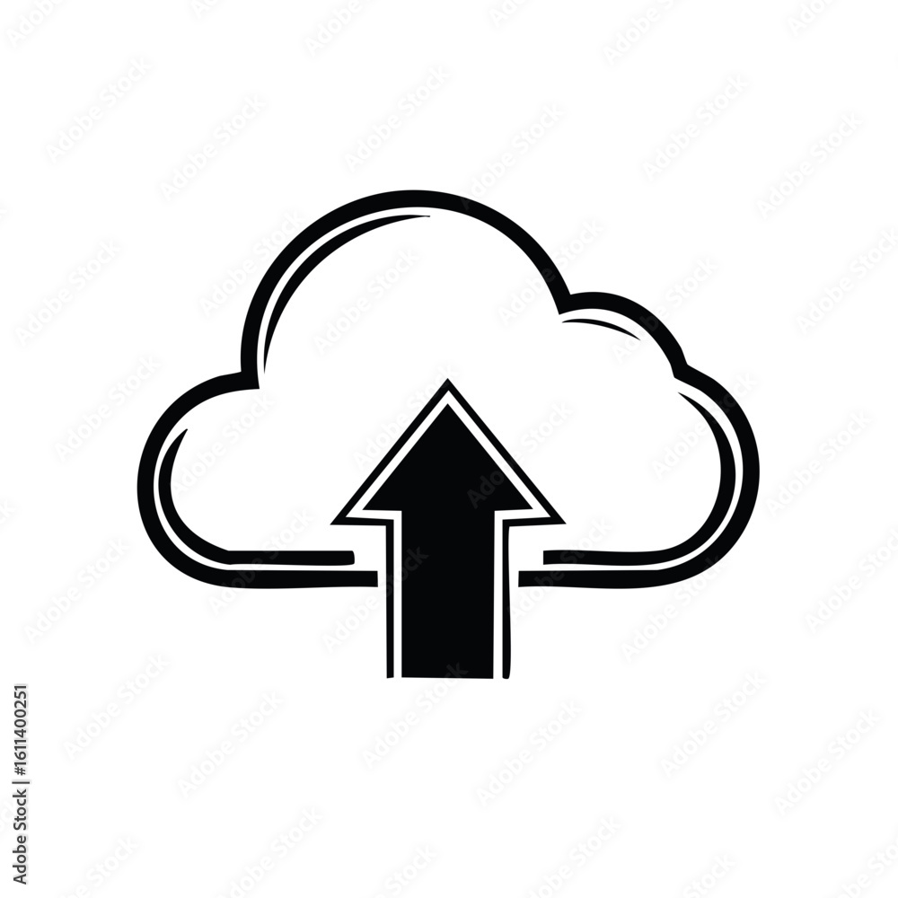 Poster black and white outline icon of a cloud with an upward arrow representing cloud upload or data trans