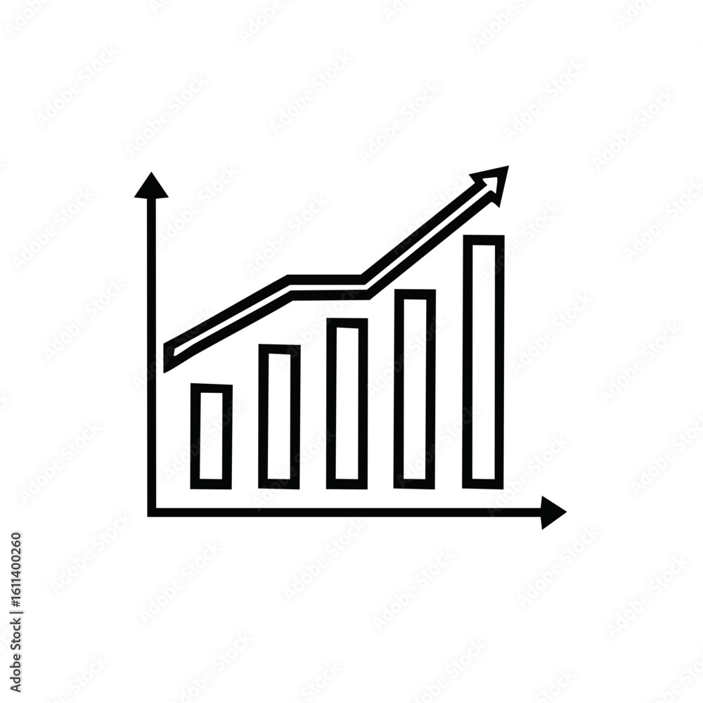 Poster growing bar graph chart with arrow, financial performance success indicator