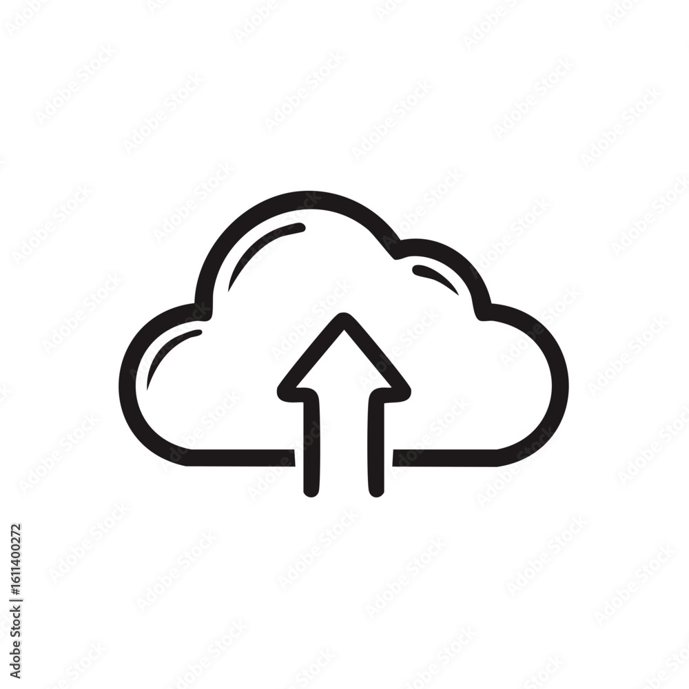 Poster cloud upload icon with an up arrow for data storage and file transfer
