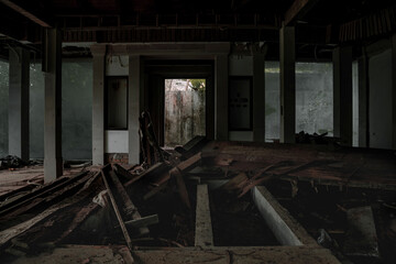 Old abandoned hotel in the jungle. Shabby walls. Beautiful abandoned hotel.